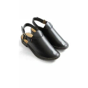 Handcrafted Leather Closed-Toe Slingbacks in polished black leather on a white background.