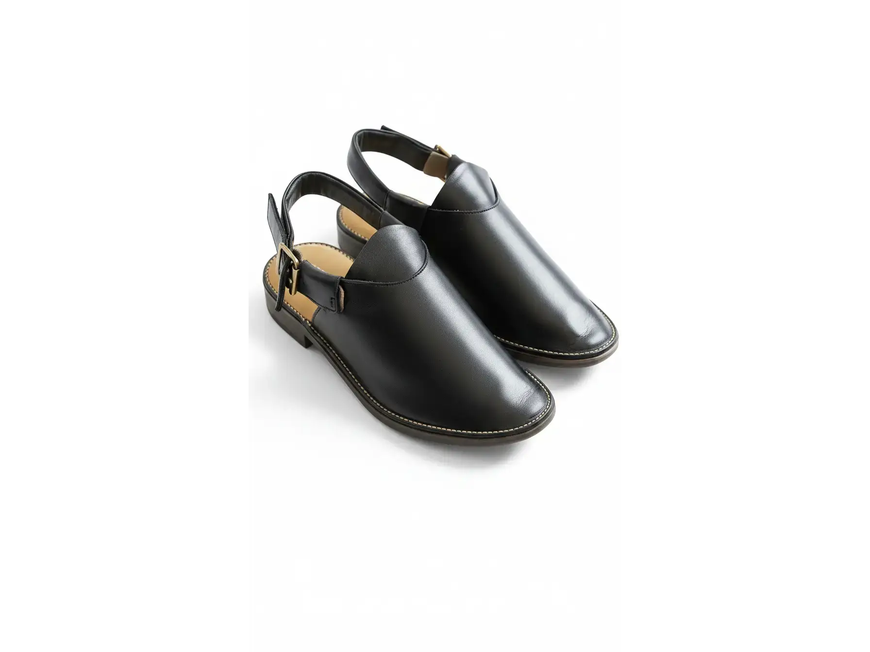 Handcrafted Leather Closed-Toe Slingbacks in polished black leather on a white background.