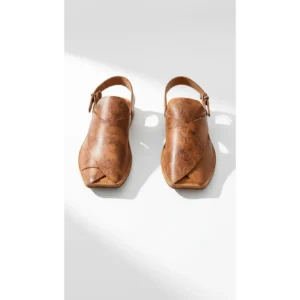 Vintage Tan Handcrafted Leather Chappals with a distressed finish and square toe on a white background.