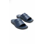 Handcrafted Leather Open-Toe Slides in navy blue with white contrast stitching on a white background.