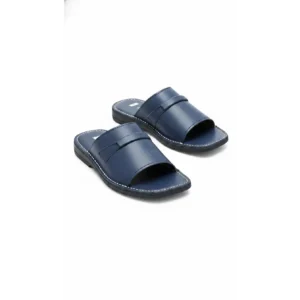 Handcrafted Leather Open-Toe Slides in navy blue with white contrast stitching on a white background.