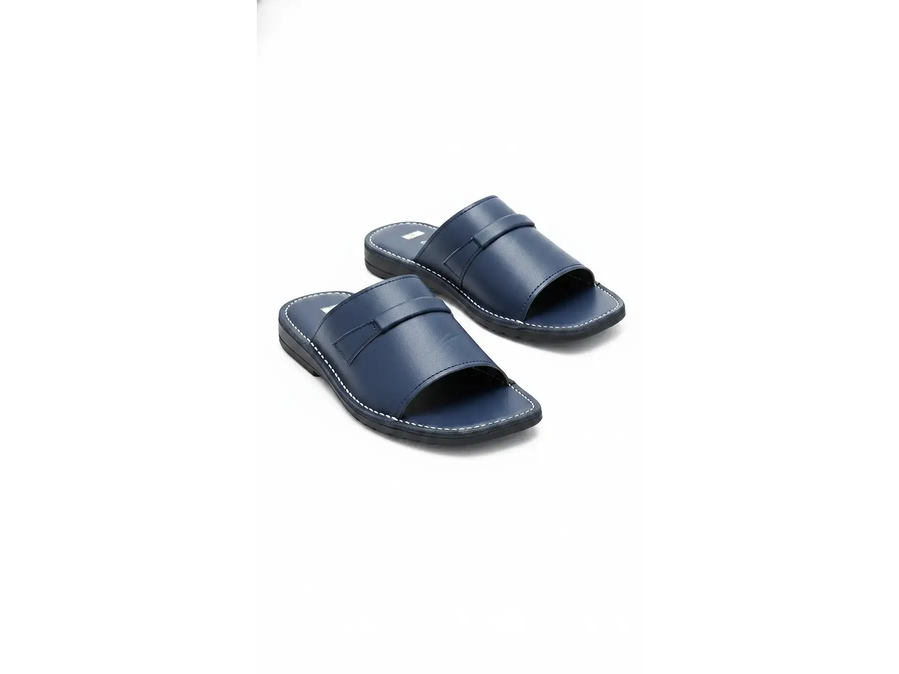 Handcrafted Leather Open-Toe Slides in navy blue with white contrast stitching on a white background.