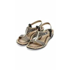 Heritage Bloom Embroidered Leather Sandals with floral stitching and a colorful layered sole on a white background.