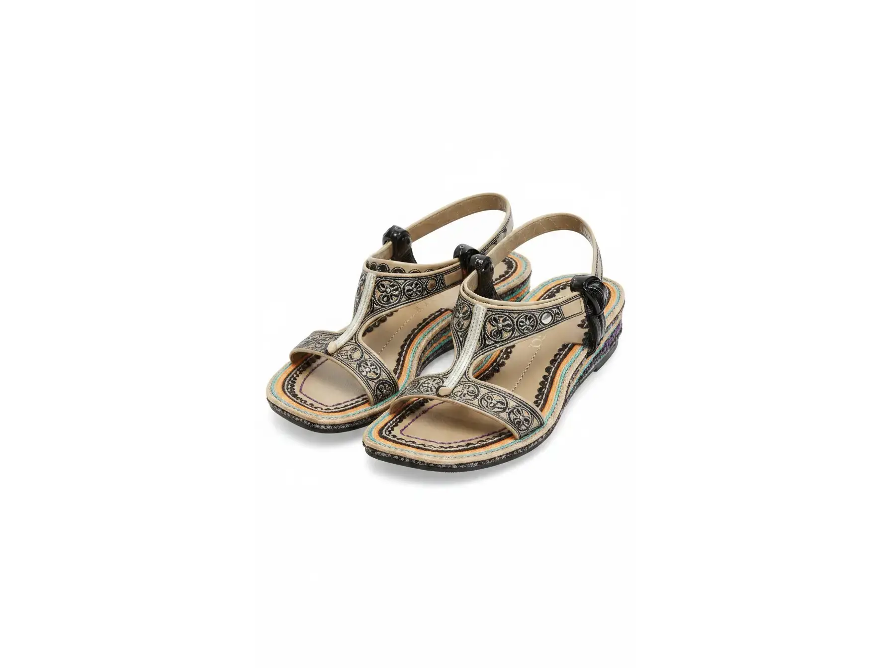 Heritage Bloom Embroidered Leather Sandals with floral stitching and a colorful layered sole on a white background.