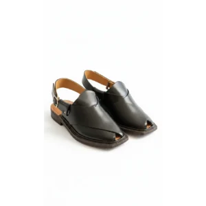 Handcrafted Leather Heritage Chappals in polished black with a thick double-layered sole on a white background.