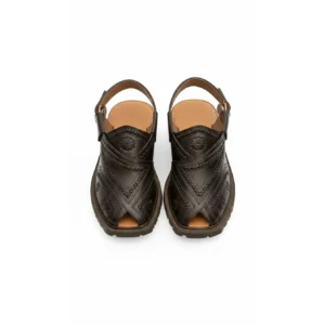 Nomad Rugged Tooled Leather Sandals in dark brown with floral stamps and a heavy lug sole on a white background.