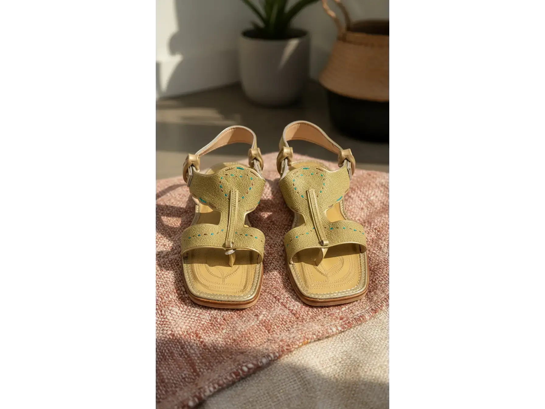 Handcrafted Textured Leather Toe-Ring Sandals in olive green with teal accents on a white background.