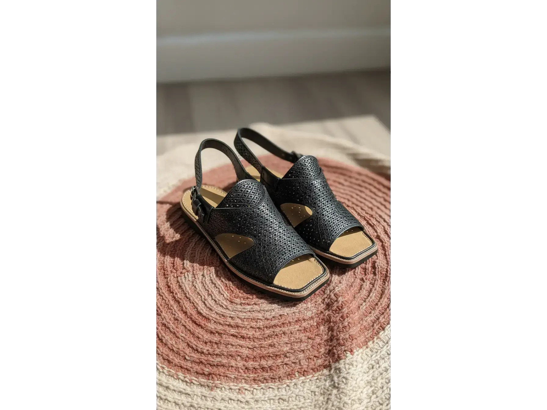 Handcrafted Leather Slingback Sandals in black with perforated texture on a woven rug.